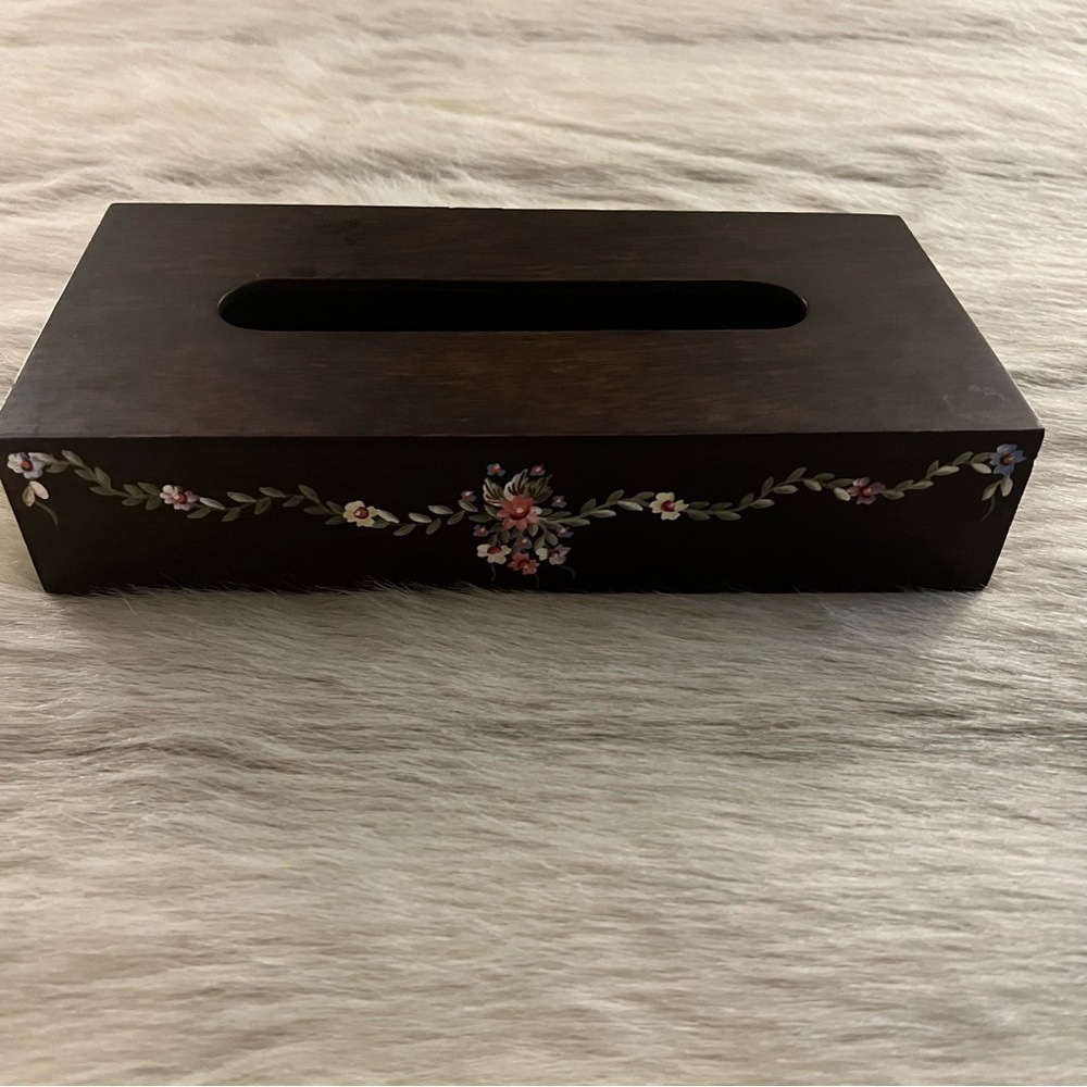 Vintage HANDPAINTED Flowets Dark Wooden Rectangle Tissue Box Covet Midcentury - Picture 7 of 12